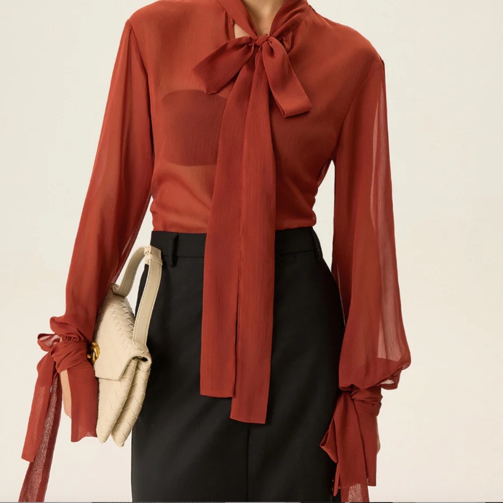 Semi-Sheer Chiffon Tie Neck Blouse - Orange Red / M